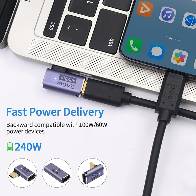 USB C 90 degree, Right Angle Adapter,USB C Female to Female Adapter240W PD, 40Gbps and 8K video]supports Thunderbolt 4/3 cable for laptops, tablets and phones (3 packs) (3 Styles usb c adapter)