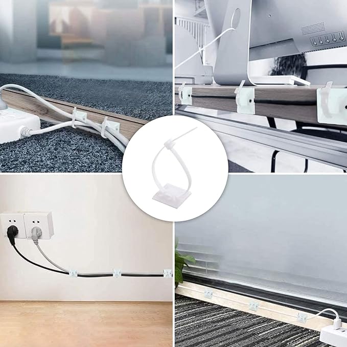 Strong Back-Glue Self Adhesive Cable Zip Tie Mounts Kit - 50 Set Cable Management Clips with 6" Zip Ties, Wire Holders - Outdoor Sticky Wire Organizer Clips-White