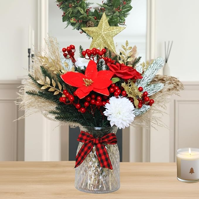 Christmas Centerpieces for Tables, Holiday Table Decor, 100pcs Christmas Floral Arrangements In Vase, Xmas Decorations For Coffee Kitchen Dining Table, Artificial Poinsettia Red Berry Pine Branches