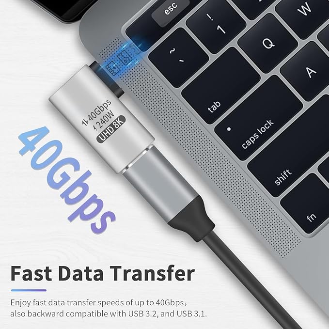 Duttek 240W Right Angle USB-C Adapter, 40Gbps USB C 90 Degree Adapter Male to Female with 8K@60Hz Video Compatible for Thunderbolt 3/4, Switch, MacBookPro/Air, ipad and More Type C Devices (1 Pack)