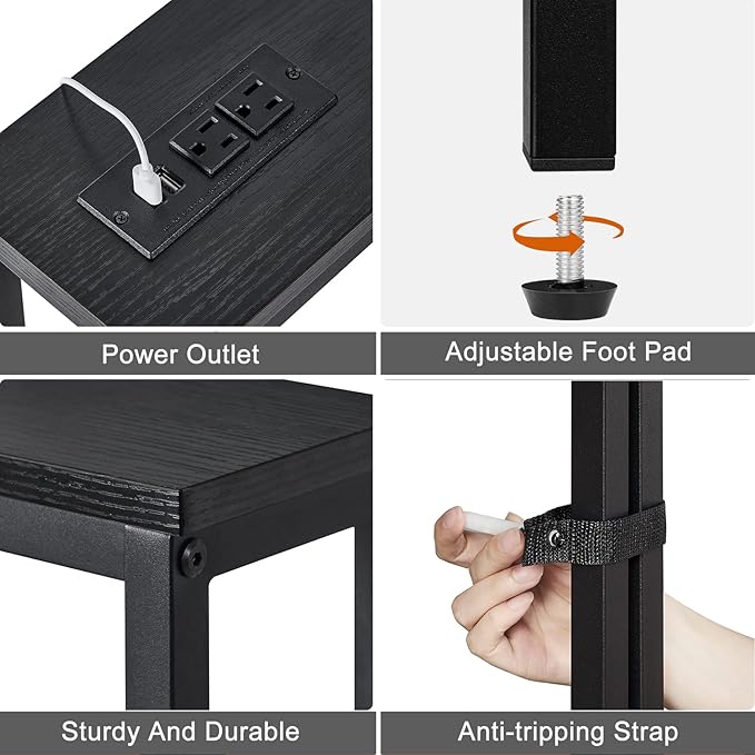 ELYKEN 2 Pack 5.9" Narrow Console Sofa Table with Power Outlets, 5.9" Dx39.4 Wx31.1 H Long Black Behind Couch Table with Metal Frame and Charge Station with 6.5’ Extension Cord