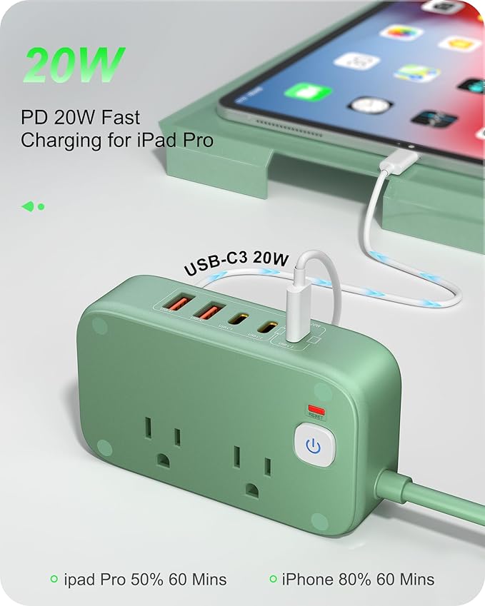 5FT USB Charging Station with Outlets, Flat USB C Travel Power Strip PD 20W Charger with 2500W AC Outlets, 3 USB-C Ports, 2 USB-A Ports Extension Cord for Home/Office/Travel