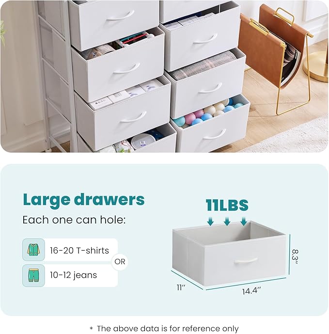 OLIXIS Dresser for Bedroom, 8 Storage Drawers, Tall Large Fabric Storage Tower Organizer, Chest of Drawers with Metal Frame Wooden Top for Nursery, Closet, Living Room, Entryway, Classic White