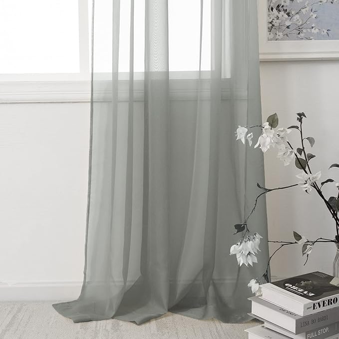 HUTO Sage Grey Sheer Window Curtains 108 Inches Long for Bedroom Girls Rod Pocket Window Sheer Panels Drapes 2 Panels Curtains for Living Room Canopy Bed Nursery
