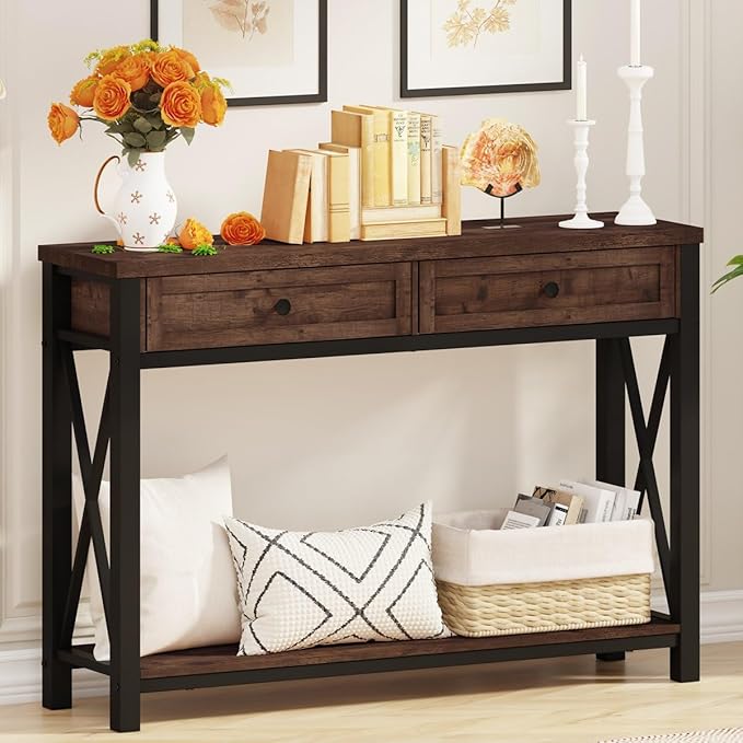 BON AUGURE Console Table with 2 Drawers, Entryway Tables with Storage, Sofa Table Behind Couch for Living Room, Farmhouse Entry Tables for Hallway, Foyer, Front Door (Rustic Oak, 47 Inch)
