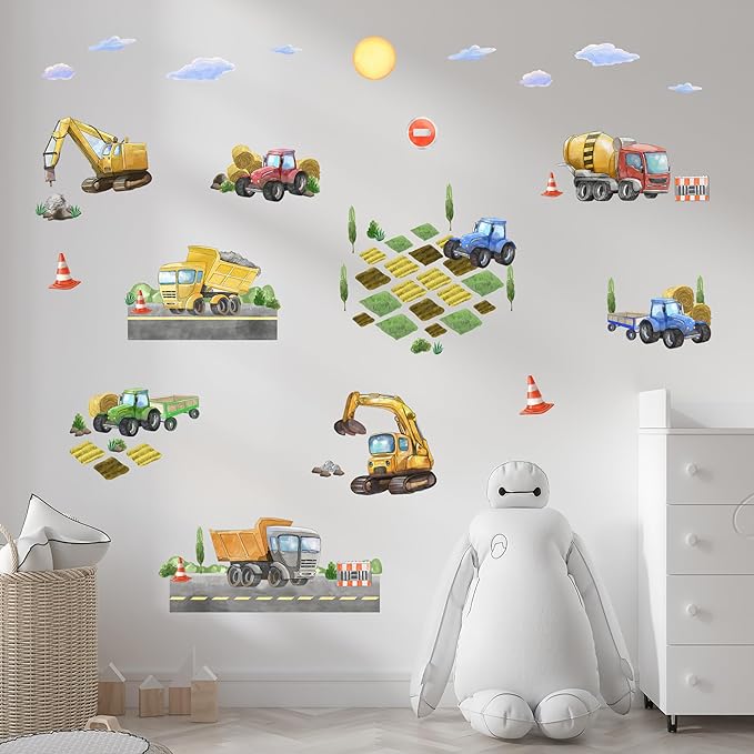 Construction Truck Wall Decals for Boys- Peel and Stick Road Vehicle Stickers for Room, Nursery, Playroom - Removable Wall Decor with Excavators, Tractors, Cars for Kids, Toddlers, Babies -S Size