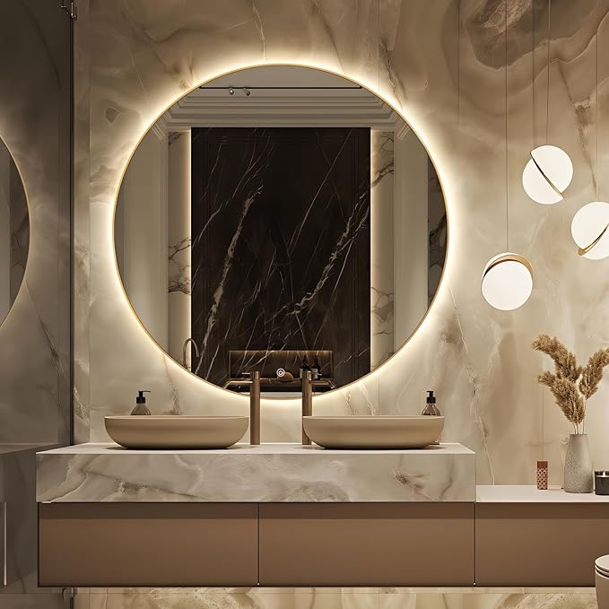 44" Round LED Bathroom Mirror, Wall Mounted Round Backlit Mirror LED Bathroom Vanity Mirror with Lights Fog Free Circle Lighted Mirror with Gold Frame, Smart Light up Mirror 3-Color