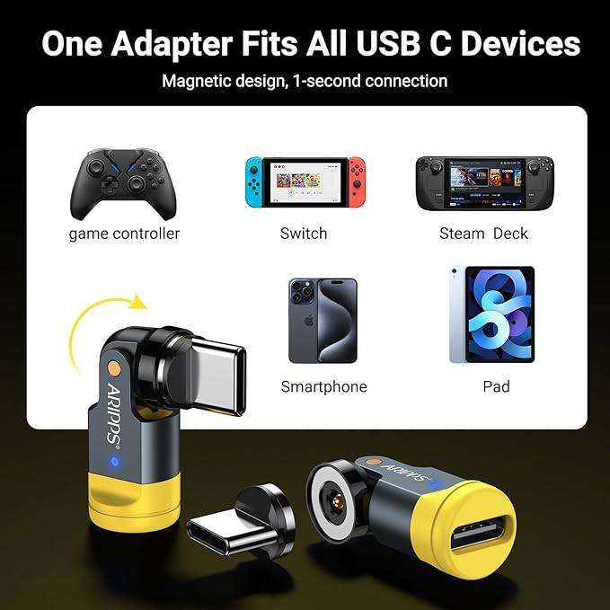 USB C Magnetic Adapter (2-Pack), USB C 90 Degree Adapter/C Right Angle Adapters/360 &180 Degree C to C Adapters for Phone 17/16/15, Pad Series, Samsung Galaxy, Tablet-Yellow