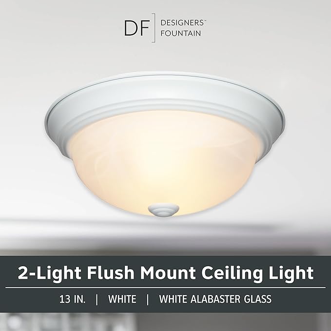 DESIGNERS FOUNTAIN Reedley 2-Lights Flush Mount Ceiling Light, 13 Inch Lighting Fixture for Kitchen, Bedroom, Bathroom, and Hallway, White Alabaster Glass, White, 1257M-WH-AL