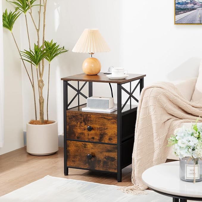 AMHANCIBLE End Table Living Room with Charging Station, Side Table with Fabric Drawer, Small Side Table with USB Ports and Outlets for Small Spaces Rustic Brown and Black HET05XBR1