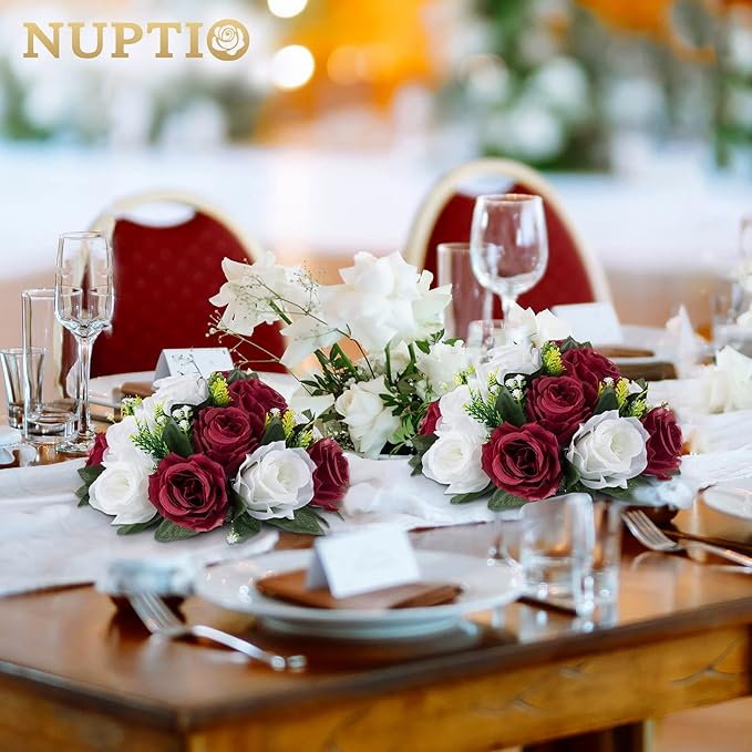NUPTIO Flower Wedding Centrepieces for Tables - 10 Pcs 9.5in Diameter Burgundy & White Artificial Flowers Rose Ball for Centerpieces Table - Fake Rose Arrangements for Weddings Birthday Party Decor