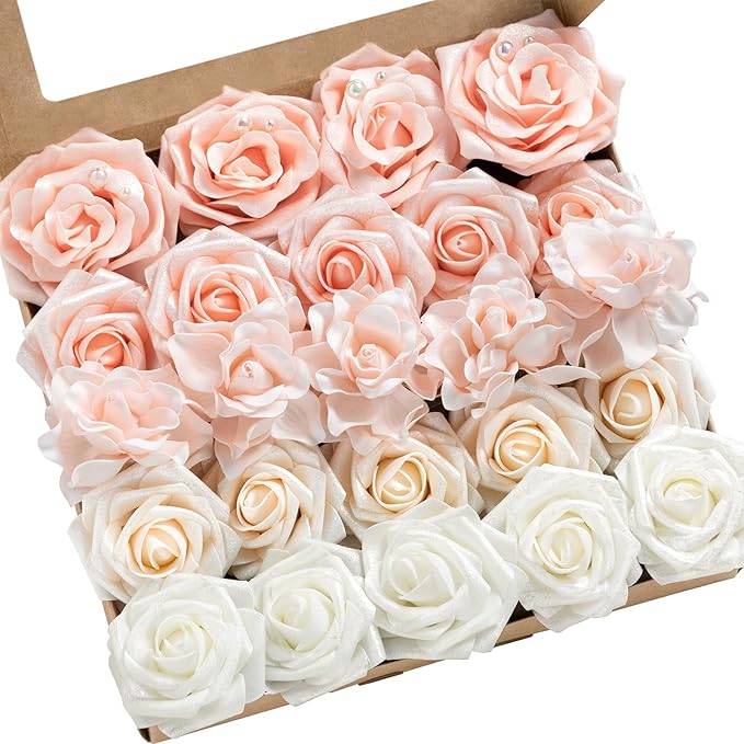 Ling's Moment Artificial Flowers Fake Roses Faux Foam Gardenia Combo for DIY Wedding Bouquets Centerpieces Arrangements Bridal Shower Party Home Decorations, Blush & White, 24pcs