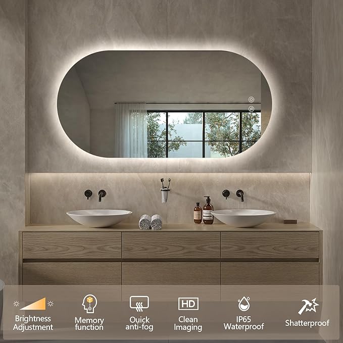 48"x24" Oval Led Mirror for Bathroom, Frameless Vanity Mirror with Lights, Modern Lighted Bathroom Mirror Wall Mounted, Anti Fog Smart Mirror with 3 Colors Dimmable, Vertical/Horizontal
