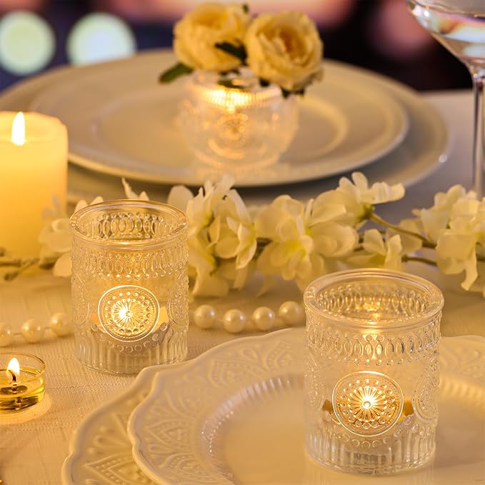 DARJEN 48Pcs Clear Votive Candle Holders - Glass Tea Light Candle Holder, Candle Holders Bulk, Embossed Candle Votives for Wedding Centerpiece & Home Decor