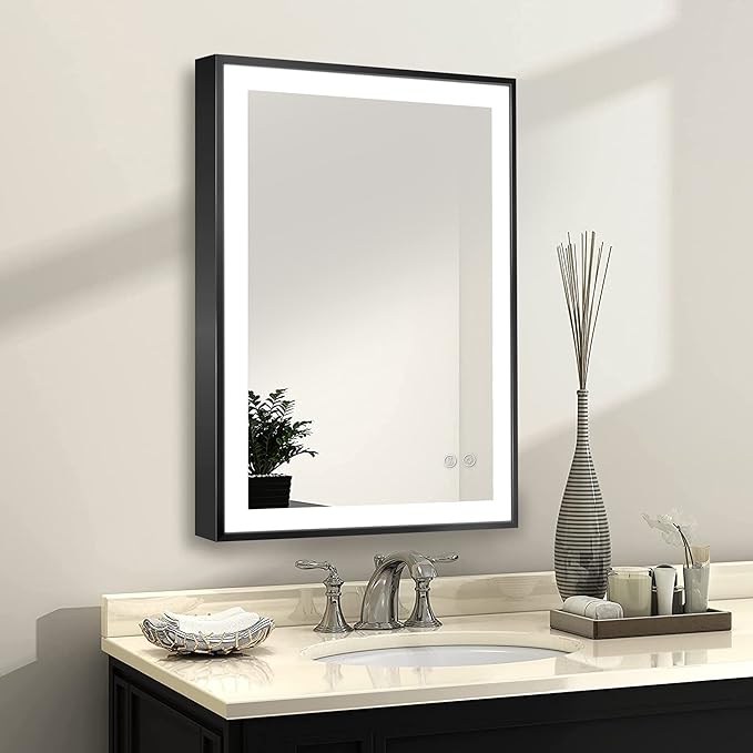 Fab Glass and Mirror LED Lighted Bathroom Mirror 30 x 40 Inch, Black Framed Wall Mounted Dimmable Vanity Mirror, Anti-Fog Touch Sensor, Adjustable Color Warm/White/Natural