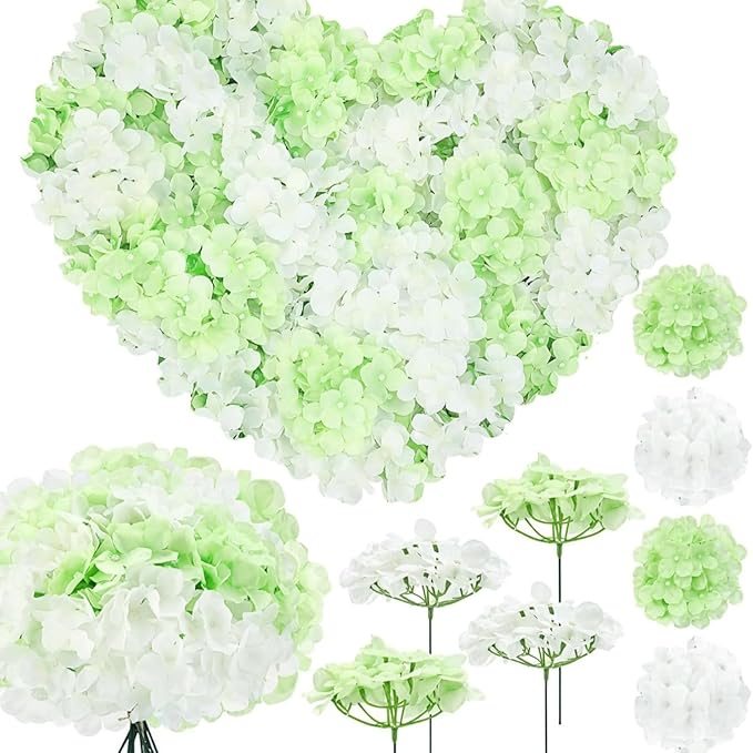 Zeyune 100 Pcs Hydrangea Artificial Flowers, Silk Flower Heads with Stems, Fake Hydrangea Bouquet for Wedding Arch Centerpiece DIY Floral Home Decoration (White and Green)