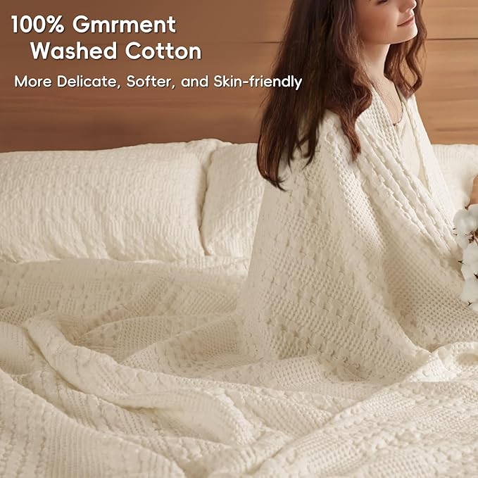 PHF 100% Cotton Waffle Blanket Oversized King 120"x120", Lightweight Breathable Extra Large 10'x10' Blankets for Bed, Giant Big Luxury Aesthetic Woven Bedding for Home Decor, Natural