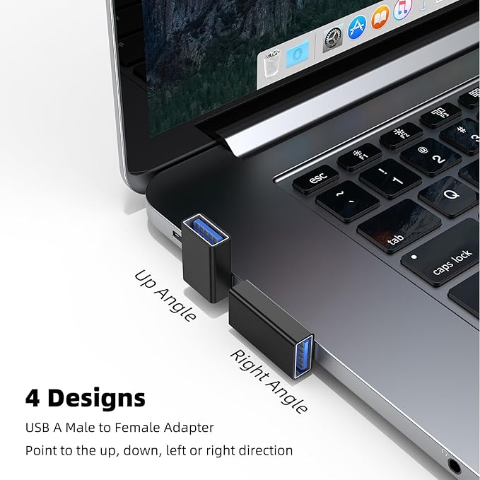AreMe 90 Degree USB 3.0 Adapter 4 Pack, Up and Down Angle, Left and Right Angle USB A Male to Female Converter Extender for PC, Laptop, Type A Charger, Power Bank and More (Black)