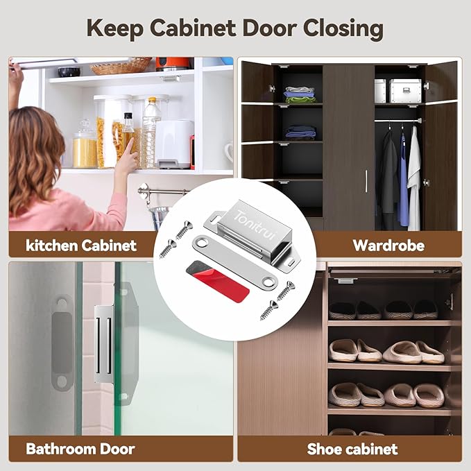Cabinet Door Magnet, Flat Bottom Cabinet Magnetic Catch with Adhesive, Easy to Install,Only Takes 1 Minute,35lb Magnetic Cabinet Door Drawer Latch(Sliver, 6Pack)