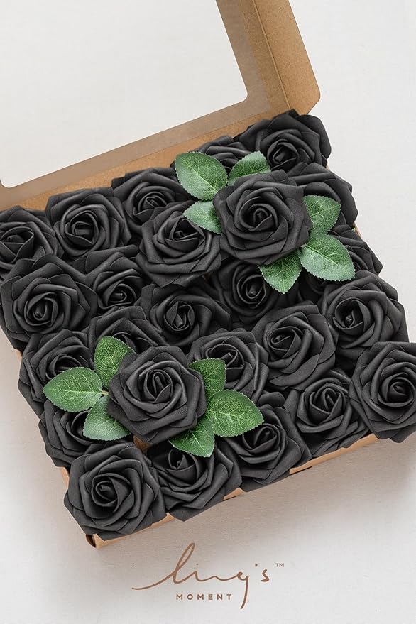 Ling's moment Artificial Flowers 50Pcs Black Roses Decor w/Stems,3" Real Touch DIY Foam Floral for Wedding Bouquet/Centerpieces, Outdoors Party Backdrop, Room/Table, and Garden/Pot Decorations