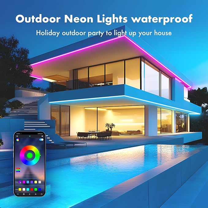 Neon Rope Lights, 40FT（2 Rolls of 20ft ） RGB Led Strip, Waterproof IP67, DIY Design, Music Sync, 44 Keys Remote Control, Multiple Modes, for Living Room, Bedroom, Holiday Decoration