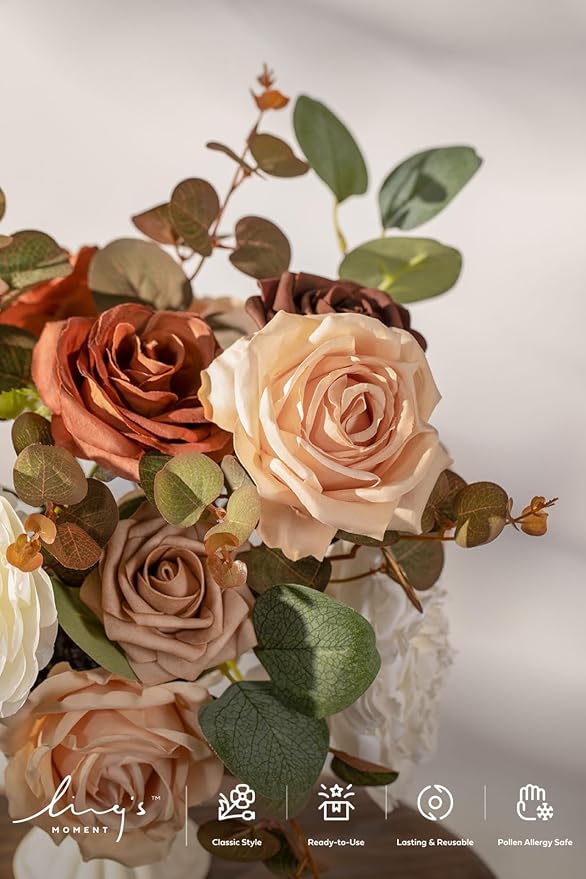 Ling's moment Artificial Flowers Fake Silk Peonies Faux Foam Roses Combo for DIY Wedding Bouquets Centerpieces Arrangements Bridal Shower Party Home Decorations, Dried Flower & Orange, 19pcs