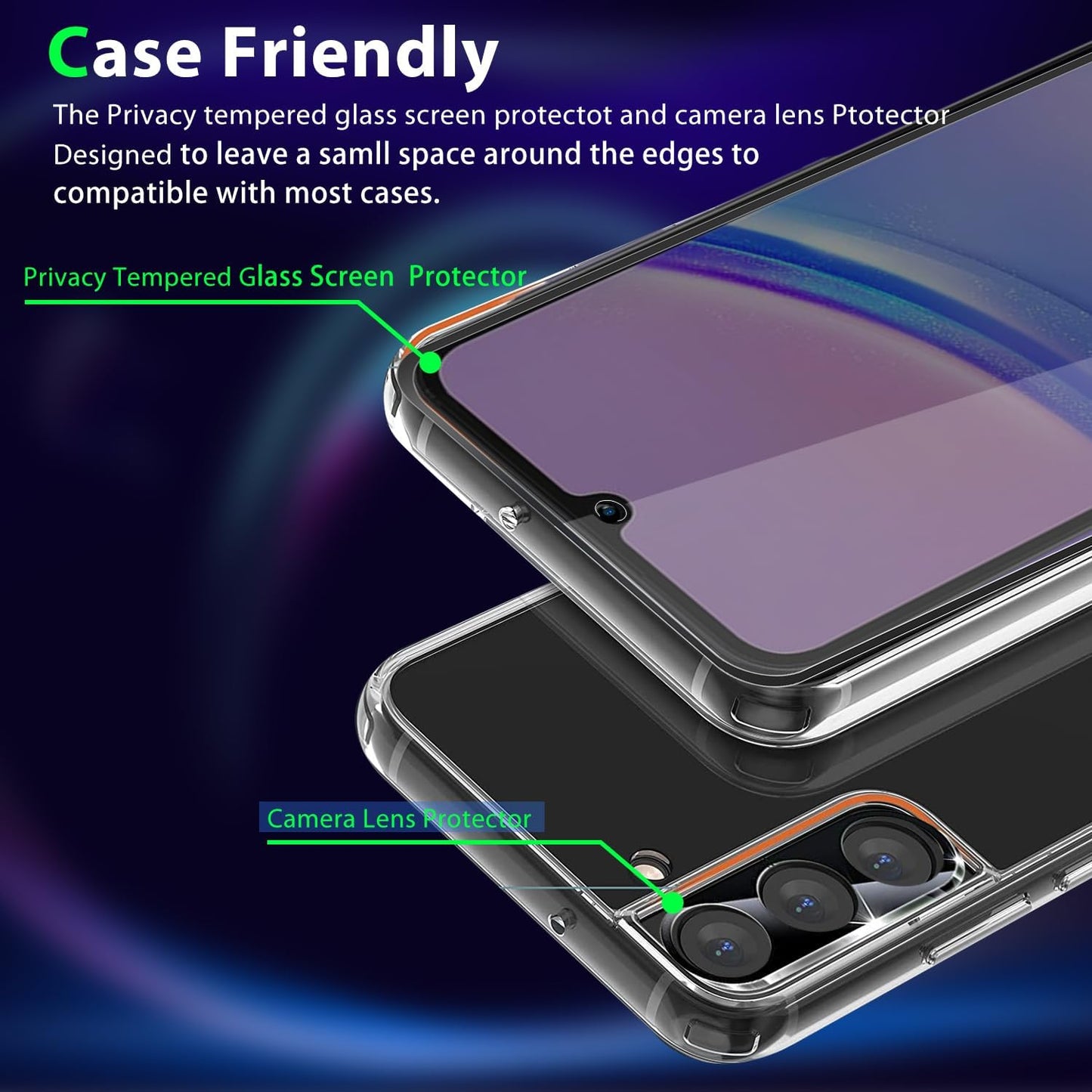 Samsung Galaxy A15 5G Privacy Tempered Glass Screen & Camera Lens Protector 2+2 Pack, Anti-Scratch, 9H Hardness.