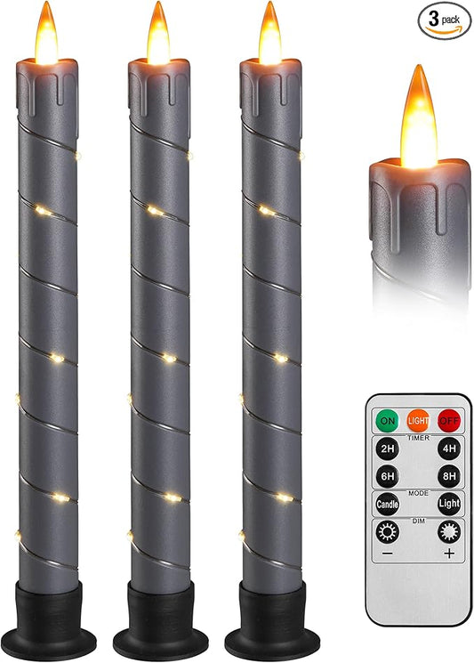 Da by 3 Pcs Flickering Flameless Battery Operated Taper Candle-Window Candles with Remote and Time-LED 3D Dynamic Flame-9.6 Inches for Wedding, Party,Home Decoration-Grey