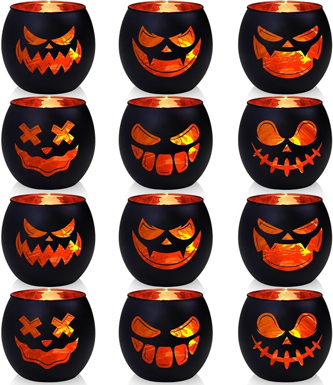 Black Halloween Table Centerpieces Candle Holders 12 PCS, Jack O Lantern Tealight Votive Candle Holders, Indoor Halloween Decorations for Mantel Coffe Table Decor