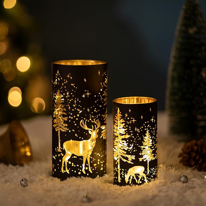 Glasseam Christmas Hurricane Candle Holder: 2 Pcs Black Candle Holders for Pillar Candles Cylinder Mercury Glass Candle Holder Reindeer Candle Holders for Table Centerpiece Thanksgiving Decorations