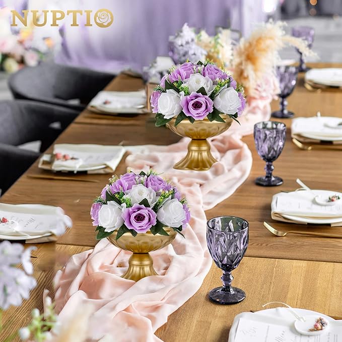 NUPTIO Flower Wedding Centrepieces for Tables - 6 Pcs 9.5in Diameter Lilac & White Artificial Flowers Rose Ball for Centerpieces Table - Fake Rose Arrangements for Weddings Birthday Party Decor