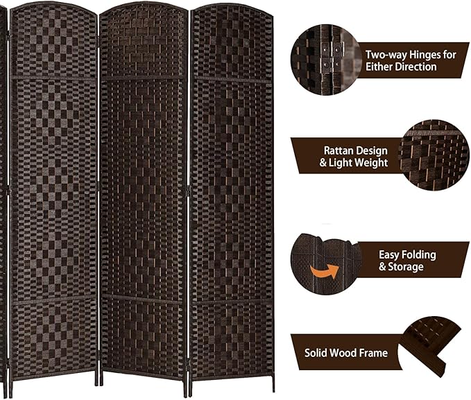 Rose Home Fashion Room Divider, 6 ft Tall Room Dividers and Folding Privacy Screens, 16in Privacy Screen 6 Panel Dark Coffee Space Temporary Wall Foldable Partition Separation