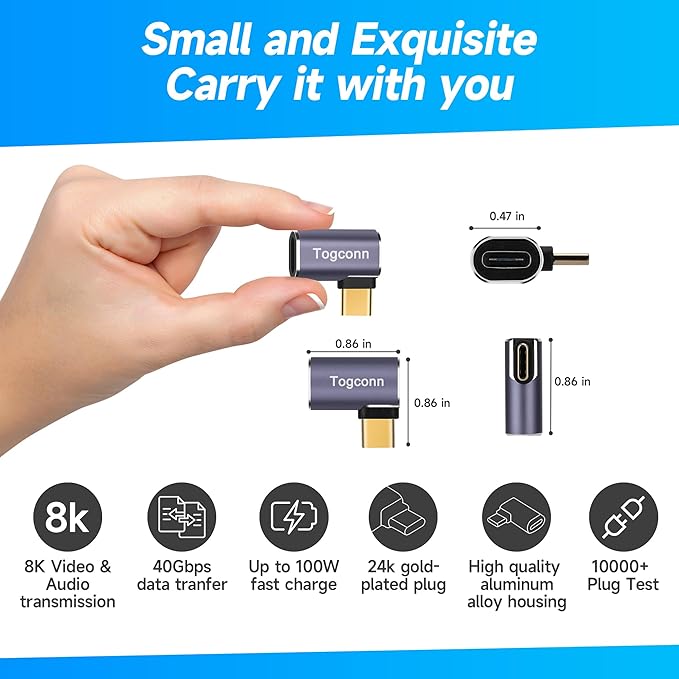 Flat 90 Degree Right Angle USB C Adapter (2 Pack), USB Type-C Male to Female Extender Connector, 40Gbps, 8K@60Hz Compatible with MacBook Pro/Air, iPhone 15/15 Pro Max, iPad Pro, Tablet, Phone, More
