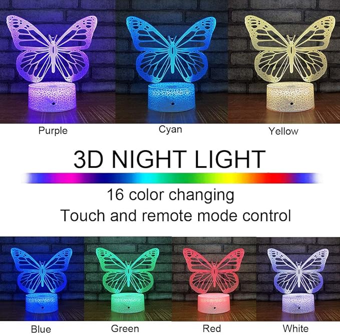 Butterfly Night Light, Birthday Gift for Girls 3D Illusion Lamp Kids Bedside Lamp with 16 Colors Changing Remote Control Butterfly Toys Girls Gifts