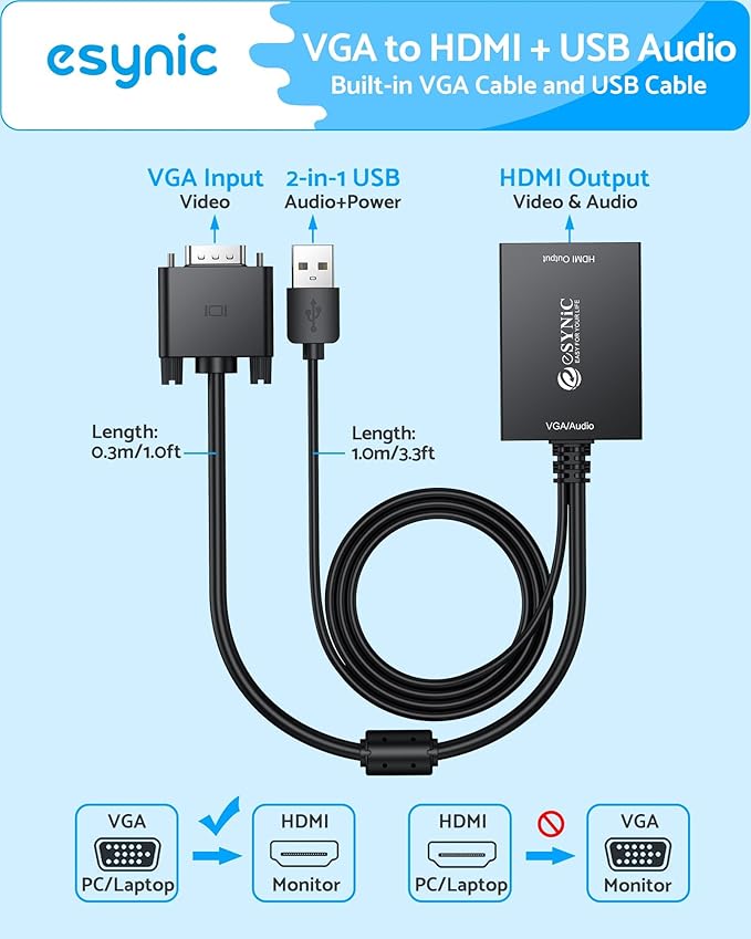 eSynic Professional VGA to HDMI Adapter 1080P VGA to HDMI Cable Converter ABS Shell Male to HDMI Female Support USB Power&Audio Output with Mirror & Extend Modes for Laptop to Monitor etc