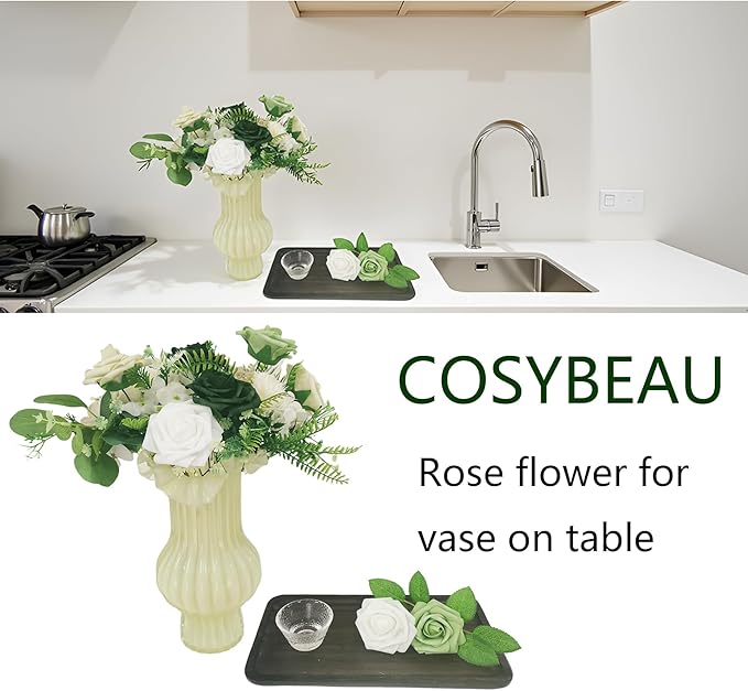 Artificial Fake Flowers 25pcs Roses, Shade of Light Green Foam Rose Faux Flower for DIY Wedding Bouquets Bridal Shower Centerpieces Floral Arrangements Party Tables Home Decorations