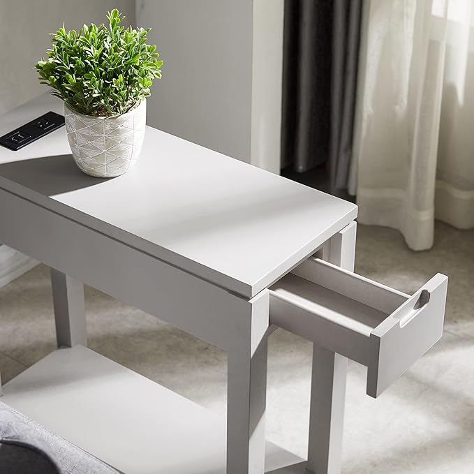 Leick Home Cade Wood Side Table with Drawer, AC & USB Outlet, Floating Top Design, Solid Wood, Storage Shelf, Compact for Small Spaces, 24 in D x 10 in W x 24 in H, Gray, 9080-GR