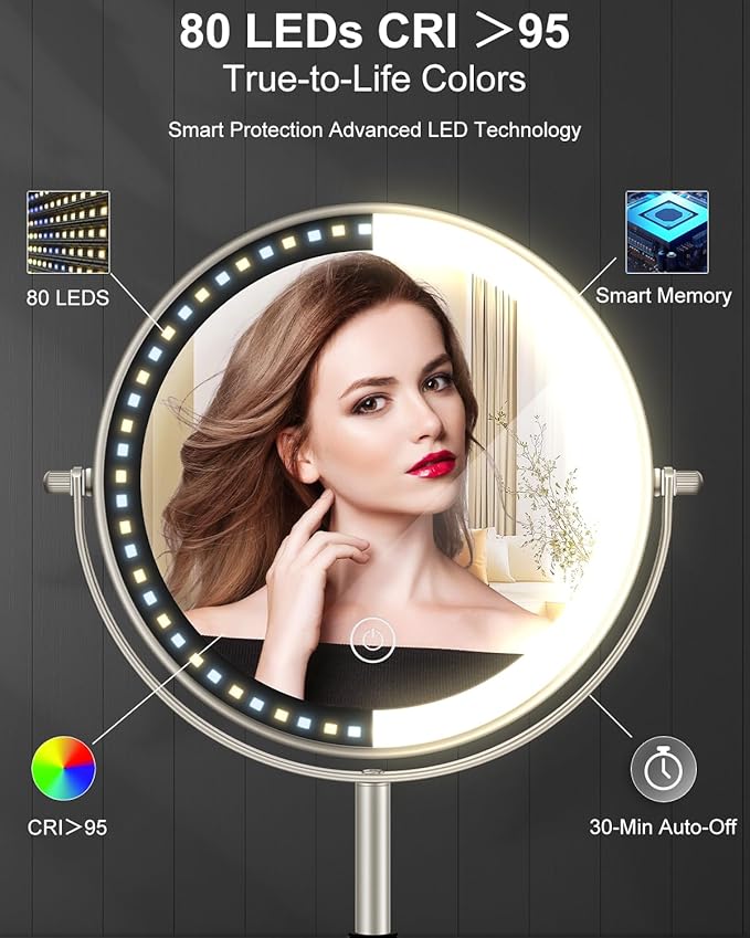 Makeup Mirror with Lights, 1X/30X Lighted Magnifying Mirror Height Adjustable, 3000mAh Rechargeable Double Sided Vanity Mirrors with 3 LED Lighting and Adjustable Brightness for Desk Women Gift