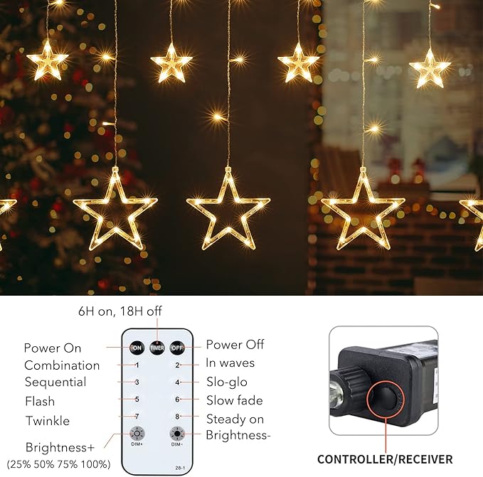 Star Curtain Lights for Bedroom - Plug-in 9ft 138 LED Fairy Twinkle Lights with 12 Star Drops, Connectable Window Lights with Remote 8 Lighting Modes for Indoor Xmas Ramadan Decoration, Warm White
