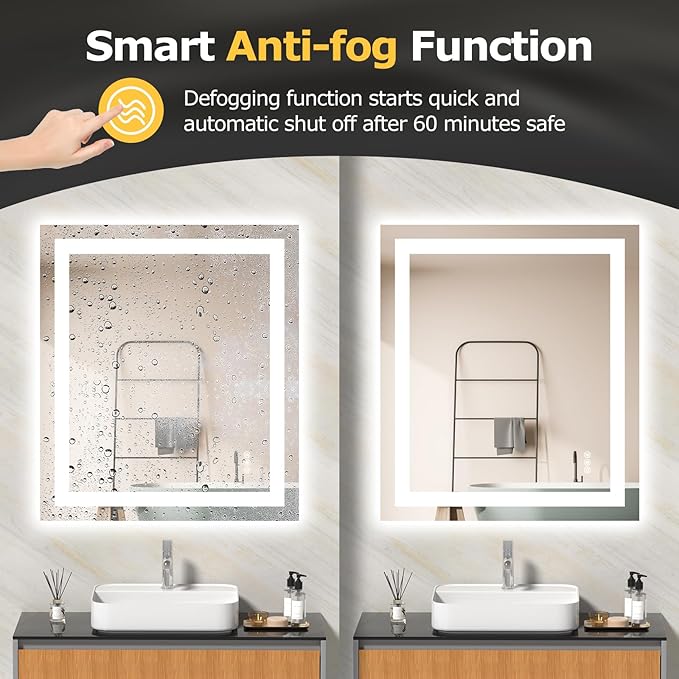 LED Bathroom Mirror with Lights 28x32 Wall Vanity LED Mirror Stepless Dimmable,Double Front and Backlight,Anti-Fog,Memory Smart Mirror for Bathroom