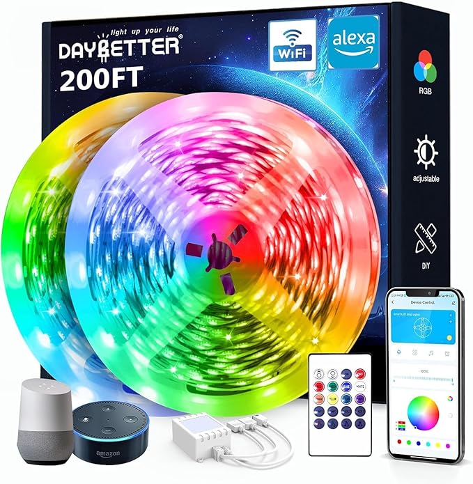 DAYBETTER Smart WiFi Led Lights 200 ft, Led Strip Lights Work with Alexa and Google Assistant, App Voice Remote Control Music Sync Color Changing RGB Strip Lighting for Bedroom Room Decor, 100 ft *2
