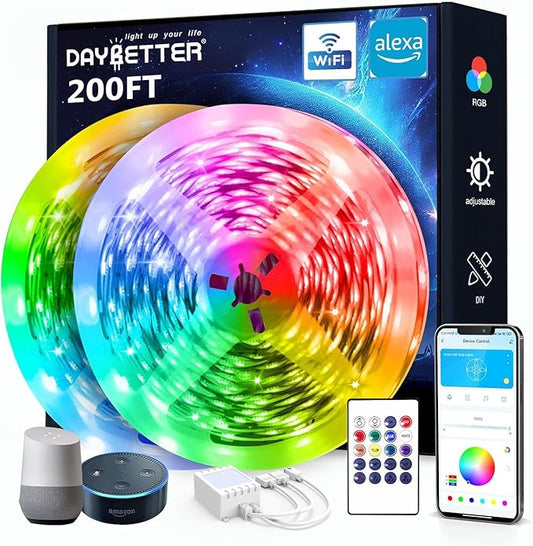DAYBETTER Smart WiFi Led Lights 200 ft, Led Strip Lights Work with Alexa and Google Assistant, App Voice Remote Control Music Sync Color Changing RGB Strip Lighting for Bedroom Room Decor, 100 ft *2