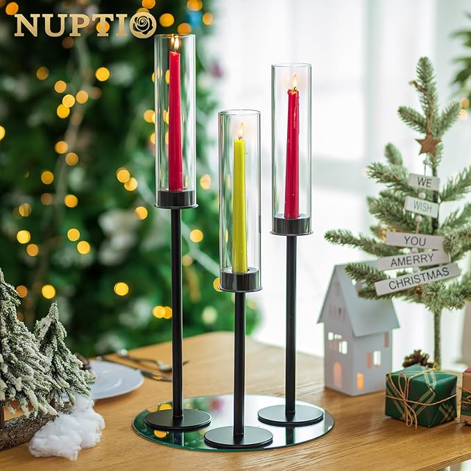 NUPTIO Hurricane Glass Candle Holders: 3 Pcs 23.6 & 21.7 & 19.7 in Tall Black Modern Metal Candlestick Tapers Holder with Cylinder Sleeves Antique Taper Candles Stand for Halloween Christmas Decor