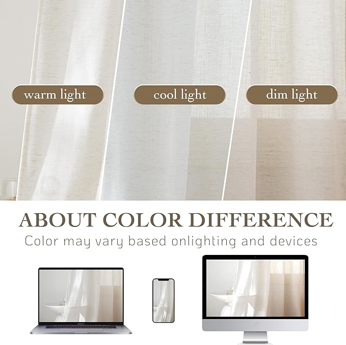 RYB HOME Ivory Sheer Curtains for Living Room, Linen Blend Filter Sunlight Glare Vertical Luxury for Bedroom Dining Office Window, Rod Pocket & Back Tab, W52 x L90, 2 Panels