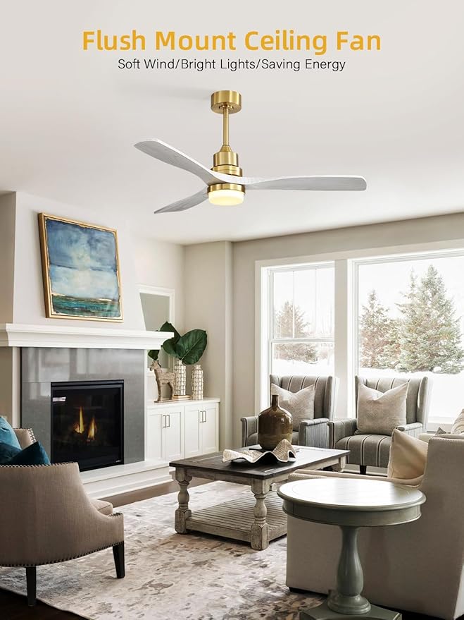 Sofucor 52 Inch Smart Ceiling Fans with Lights and Alexa/Google Assistant/APP/Remote Control-Modern Solid Wood Outdoor 3 Blades Ceiling Fan for Bedroom Living Room Indoor Farmhouse Patio, Grey Gold