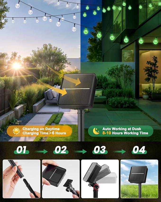 Brightown Solar String Lights Outdoor 60 Led 35.6 Feet Crystal Globe Lights with 8 Lighting Modes, Waterproof Solar Powered Patio Lights for Garden Yard Porch Wedding Party Decor (Green)