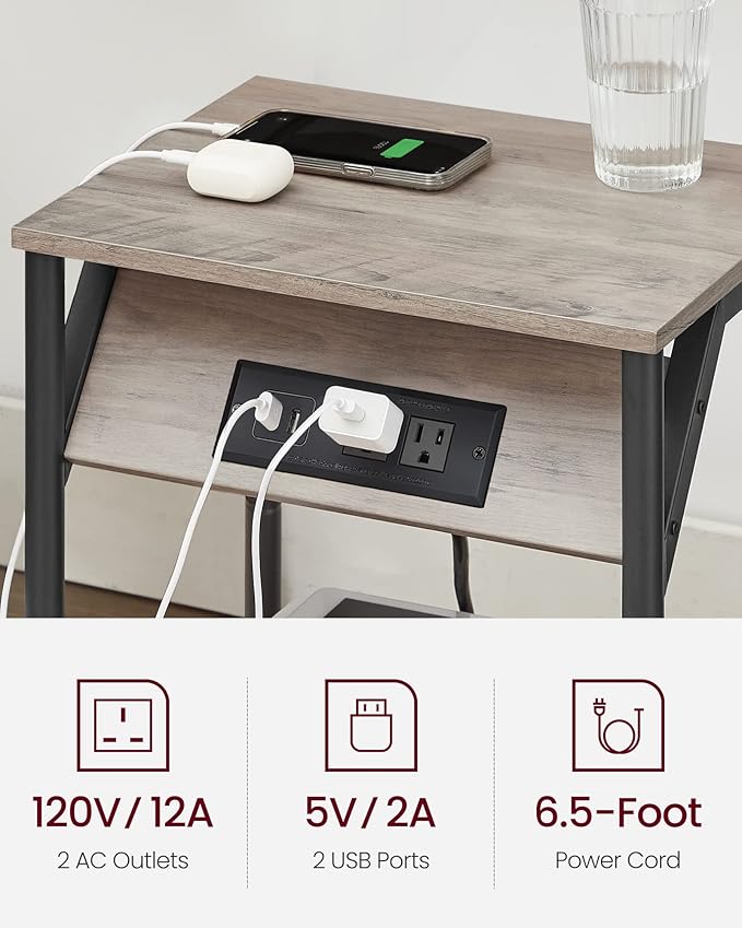 VASAGLE End Table with Charging Station, Set of 2, Small Side Tables for Living Room, Bedroom, Nightstand with Outlets and USB Ports, Bedside Table with Storage Shelf, Heather Greige and Black