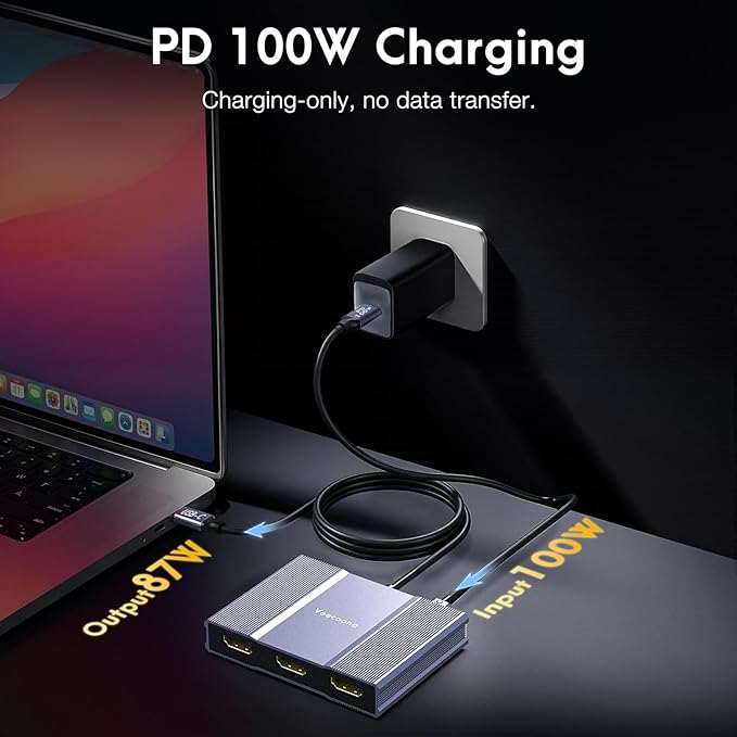USB C to 3 HDMI Adapter with PD 100W, 4K@60Hz HDMI Splitter Extended Display 1 in 3 Out for Multi-Monitors, Compatible with Laptop,PC,USB-C Graphics Card - MACOS Not Support MST