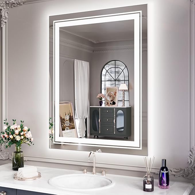 LED Mirror for Bathroom, 28"X36" with 8 RGB Backlit +3 Front Lit (Adjustable Individually), Anti-Fog, Lighted Bathroom Vanity Mirror for Wall, Shatterproof, Memory Function, Tempered Glass