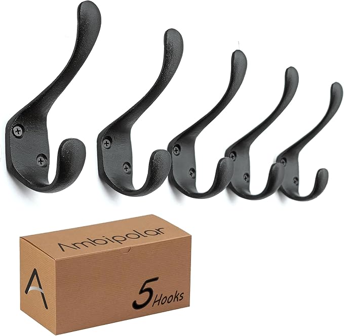 5 Pack Decorative Cast Iron Heavy Duty Double Hooks, Wall Mounted Coat Hooks, Vintage Inspired (Antique Black) (Spoon Hook)